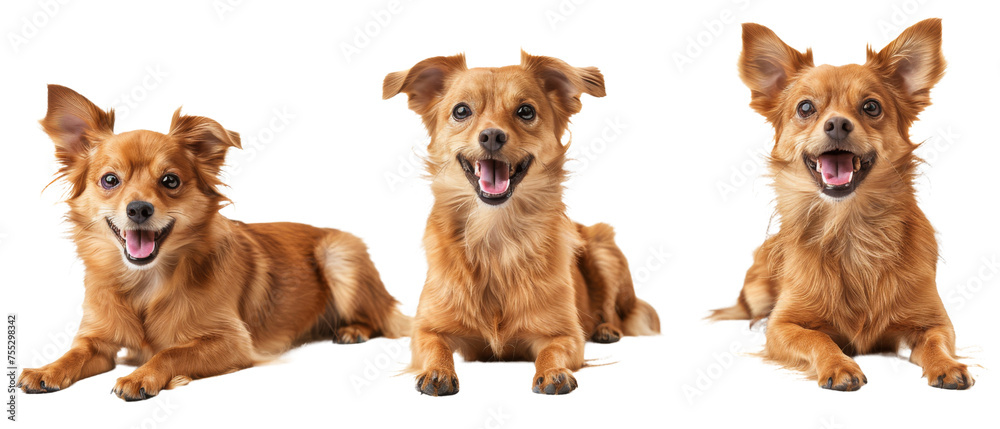 Showcasing a small, fluffy dog in three distinct lying positions, this image captures the pet's relaxed demeanor