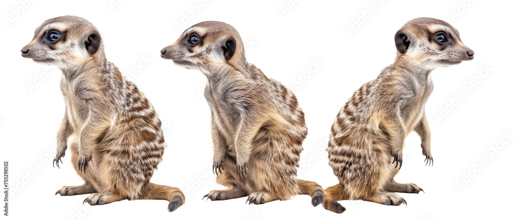 A trio of meerkats captured in high resolution exhibiting vigilant and curious postures, isolated on a white background - obrazy, fototapety, plakaty 