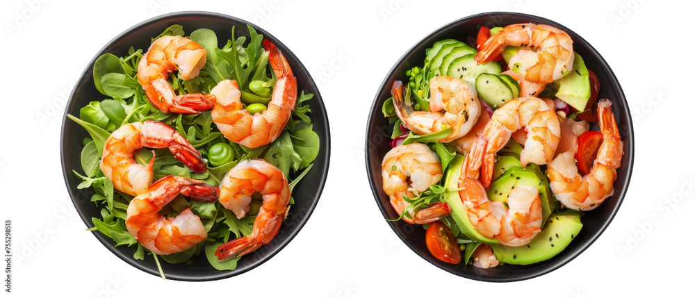 Succulent shrimps with fresh greens and cherry tomatoes served in two black bowls Succulent shrimps with fresh greens and cherry tomatoes served in two black bowls
