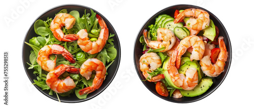 Succulent shrimps with fresh greens and cherry tomatoes served in two black bowls