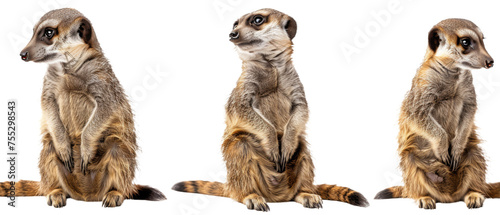 Alert meerkats standing upright displayed separately on a pure white background