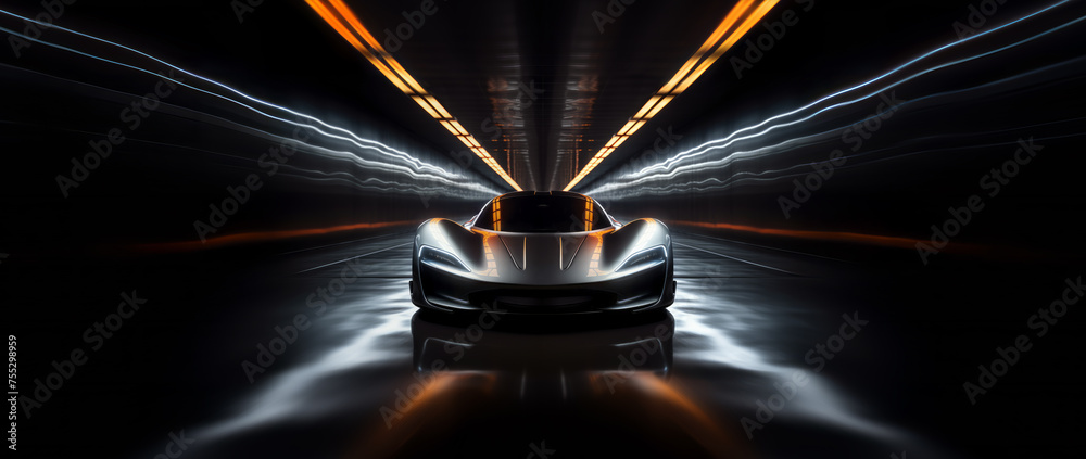 Fototapeta premium The concept of a futuristic sports car running in a tunnel with neon light strips. 3d illustration