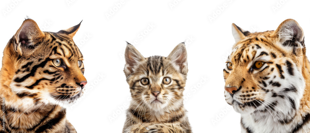 Family portrait of a tiger, domestic kitten, and a tabby cat showing the diversity in feline species Family portrait of a tiger, domestic kitten, and a tabby cat showing the diversity in feline species