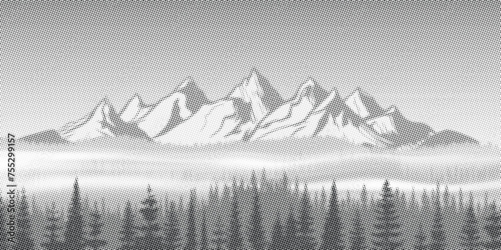 Fototapeta premium Black and white mountain landscape, panoramic view, vector illustration