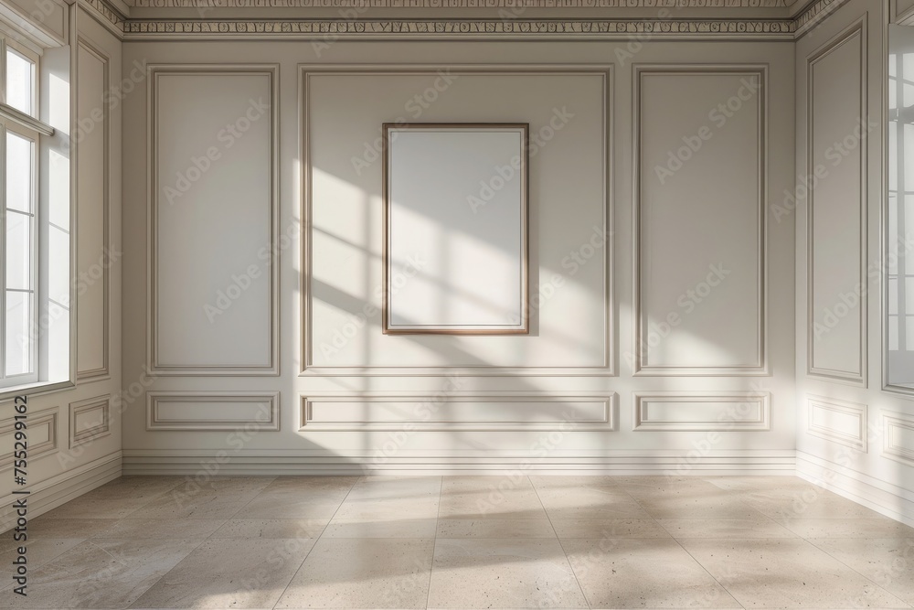 3d render of a room interior with blank picture frame on wall 3d render of a room interior with blank picture frame on wall