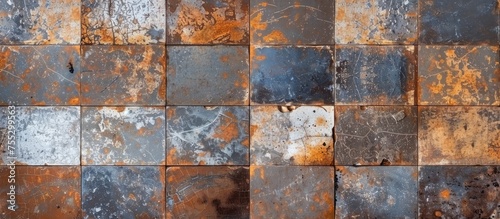 A closeup of a rectangular brown wood tile wall with a rusty metal surface, displaying a unique art pattern. The building material is a composite of hardwood and metal, resembling a painting