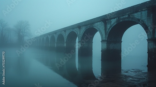 A bridge over the river in the morning fog. Mystical and mysterious atmosphere of the landscape. Generative AI