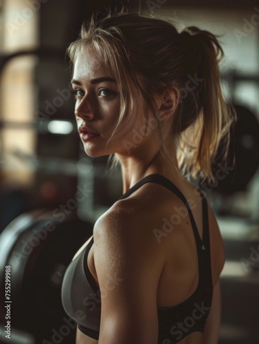 Blond girl character portrait with beautiful eyes and shaped body in gym 