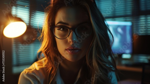 Pretty girl character portrait with beautiful eyes and glasses woman profile 