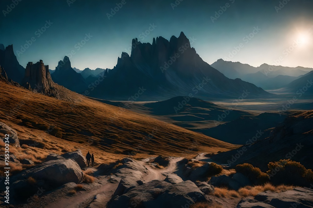 Plateau mountains wearing the cloak of twilight, a tranquil vista beneath the vast sky.