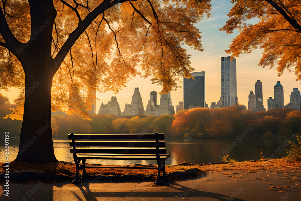 Serene Autumn Afternoon in Central Park Accentuated by New York City Skyline