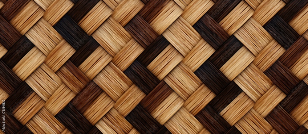 A closeup of a brown wicker basket with a diagonal pattern, made of wood planks stained with varnish. It sits on a beige wooden floor A closeup of a brown wicker basket with a diagonal pattern, made of wood planks stained with varnish. It sits on a beige wooden floor