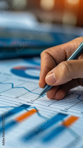 The image shows a close-up of a hand analyzing and marking critical points on a business performance metrics chart, emphasizing detailed scrutiny.