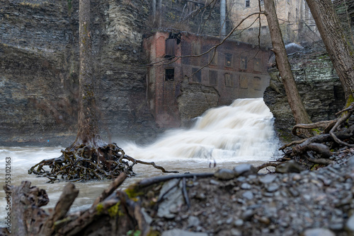 Winter abandoned Mill at Wells Falls, Businessman's Lunch Falls, on Six Mile Creek Ithaca, NY.	 photo