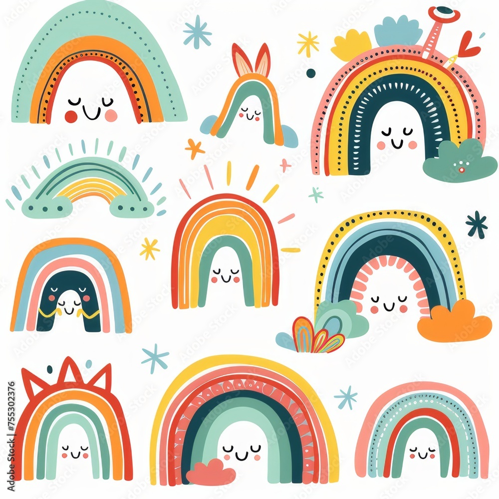 A collage illustration with a cute rainbow. on a white background A collage illustration with a cute rainbow. on a white background