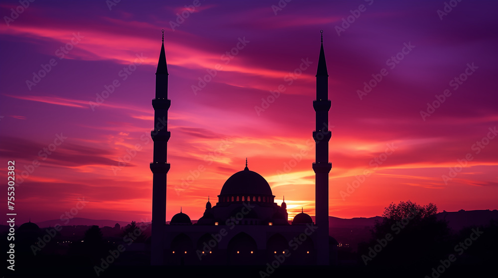 A mosque silhouette on a Ramadan evening, with the faint glow of the setting sun in the background. Ramdan Kareem & Eid Mubark. 