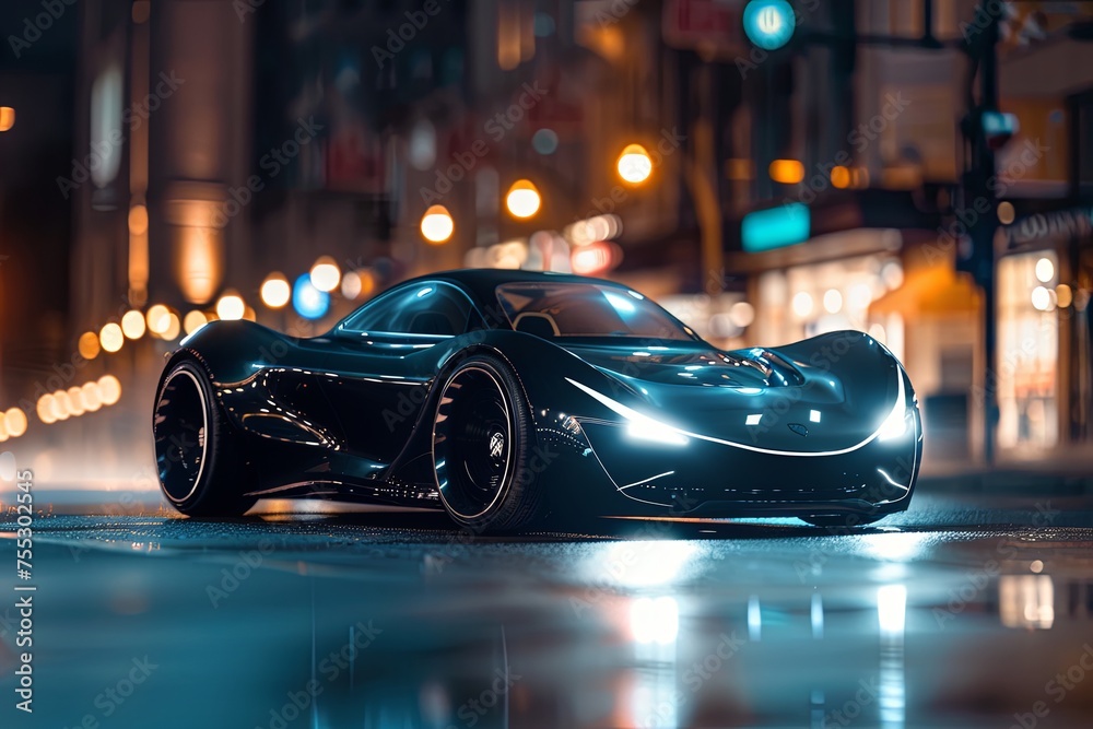 sleek black futuristic car at night