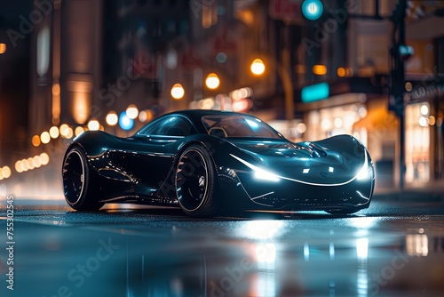sleek black futuristic car at night