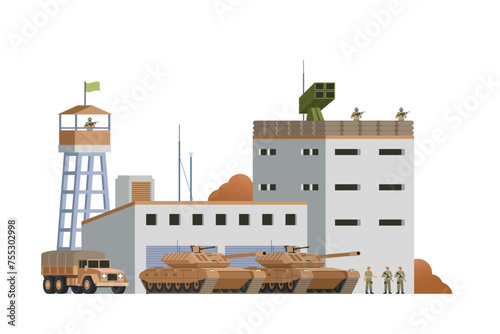 Vector military base building and vehicle or infographic elements military base buildings for city illustration