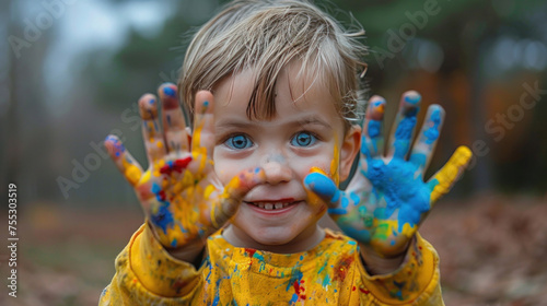 A little boy hands painted in colorful paints.