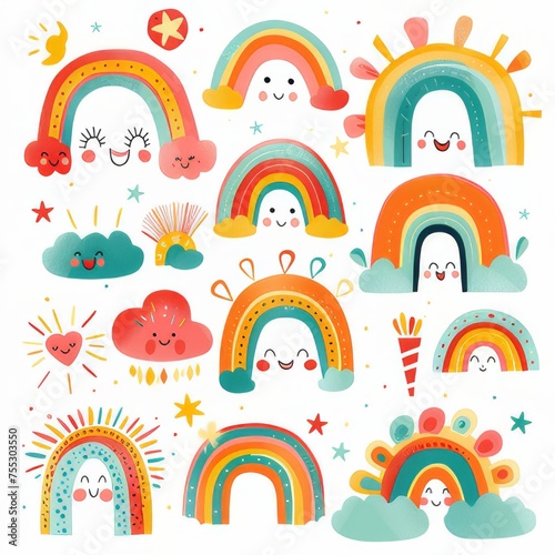 A collage illustration with a cute rainbow. on a white background