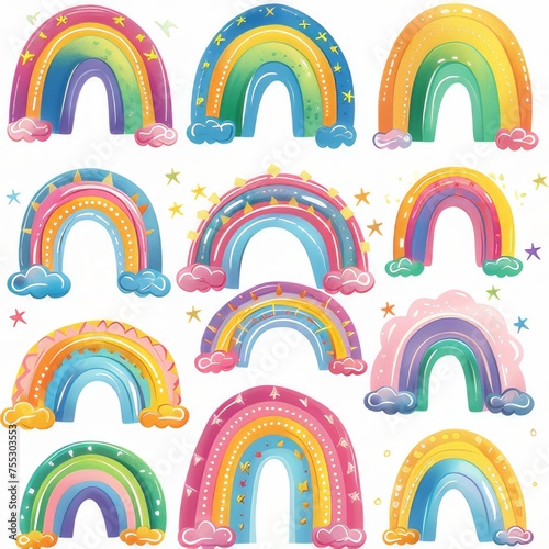 A collage illustration with a cute rainbow. on a white background