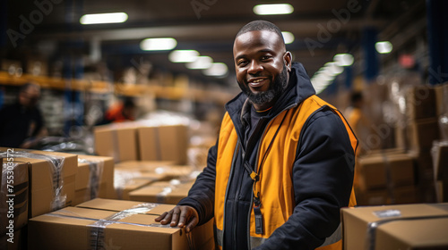 A logistics worker preparing goods for shipment in a large fulfillment centre.