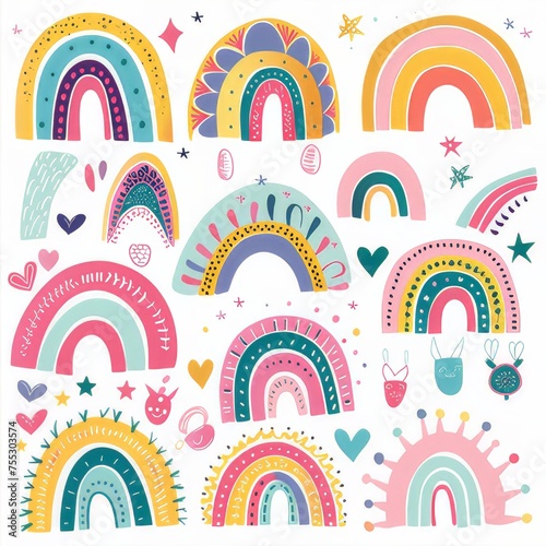 A collage illustration with a cute rainbow. on a white background