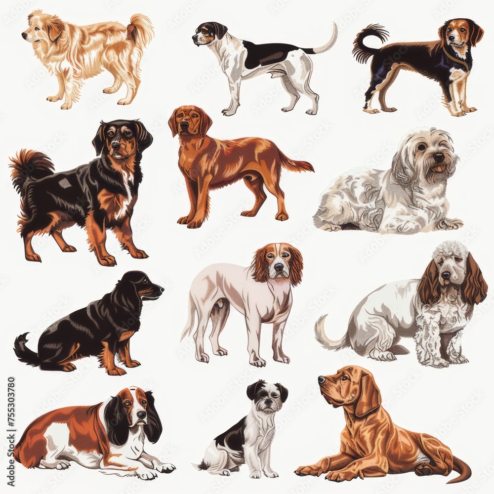 Obraz premium Clipart illustration featuring various dogs on a white background