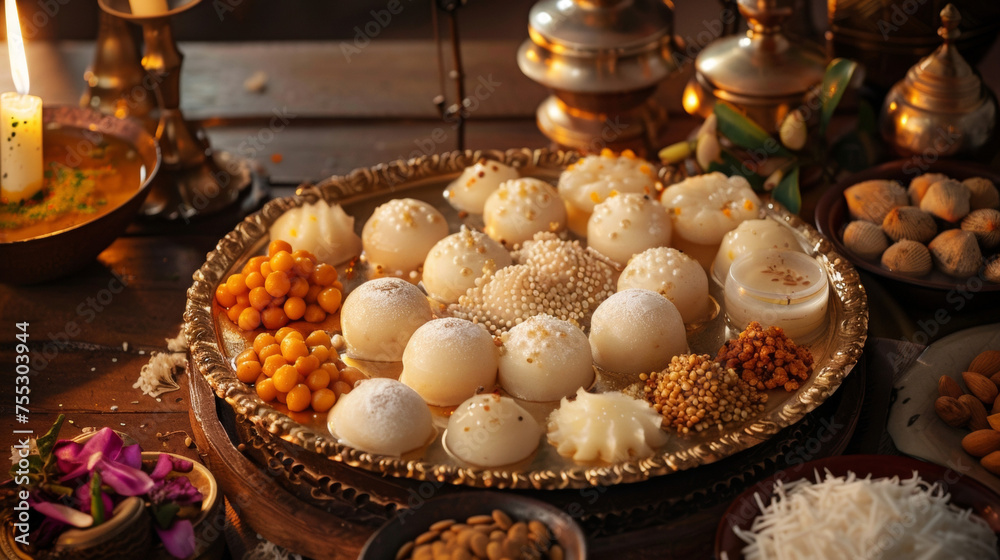 A platter of traditional Indian sweets like rasgulla and kalakand showcasing the variety of delicacies enjoyed during Diwali.