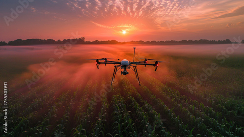 Agriculture drone fly to sprayed fertilizer on the sweet corn fields at sunset. photo