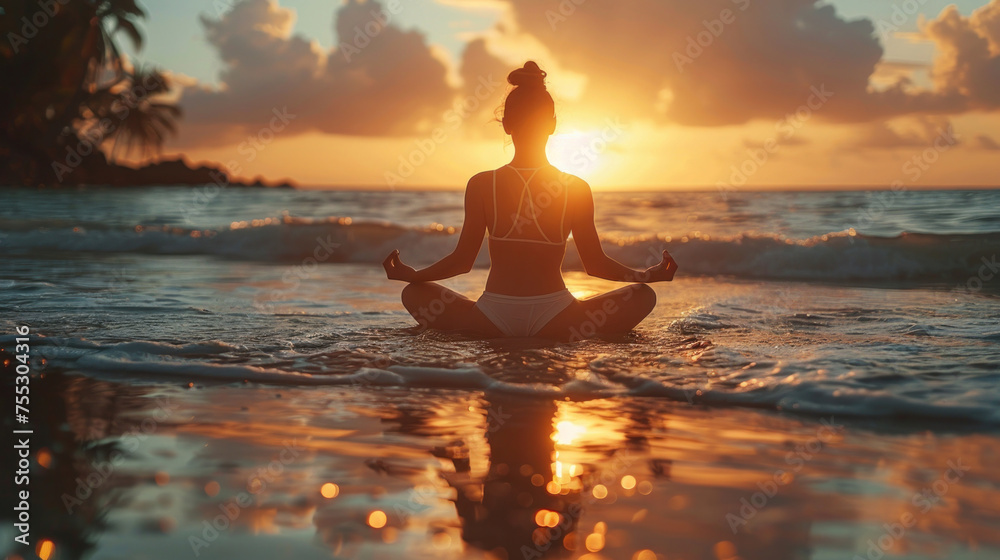 Asian young woman yoga on the beach at sunrise morning day.