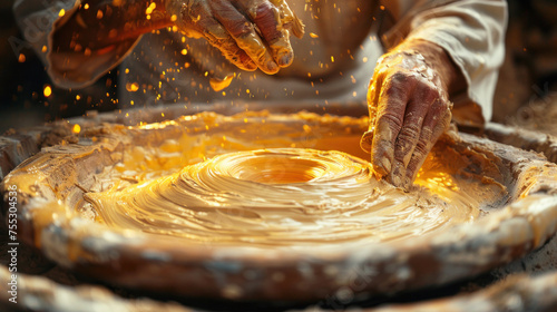 Close up hand of A man making vessel of white clay in fast moving circle. Sculpts in clay pot. photo
