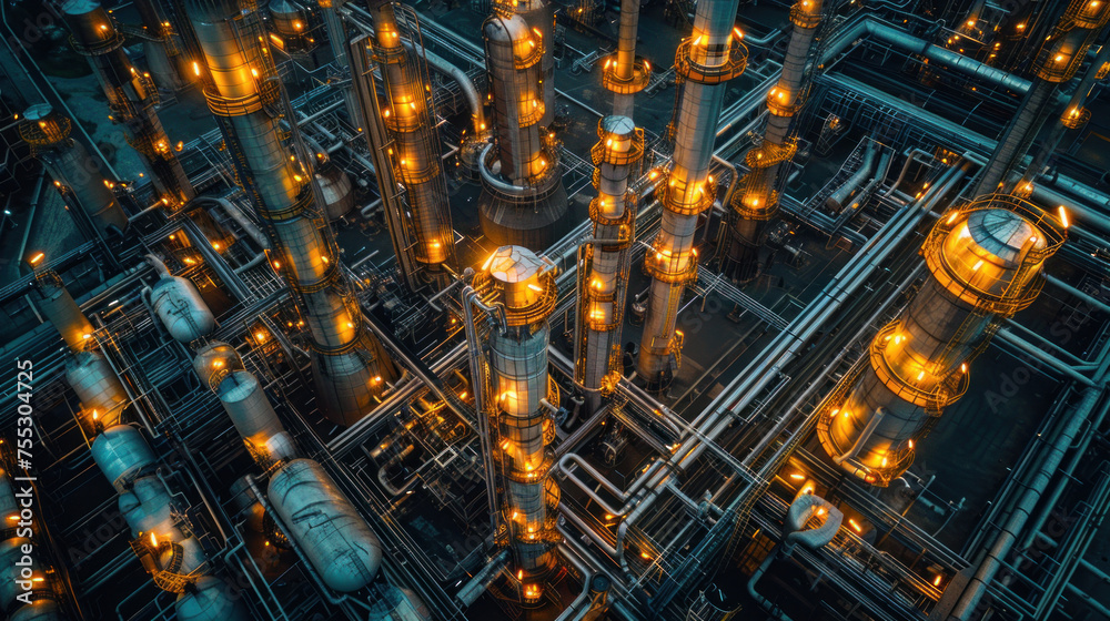 Close up of Aerial top view oil and gas refinery background, Business petrochemical industrial, Refinery oil and gas factory power and fuel energy.