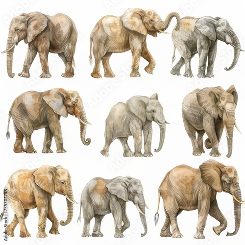 Clipart illustration with several elephants on a white background.