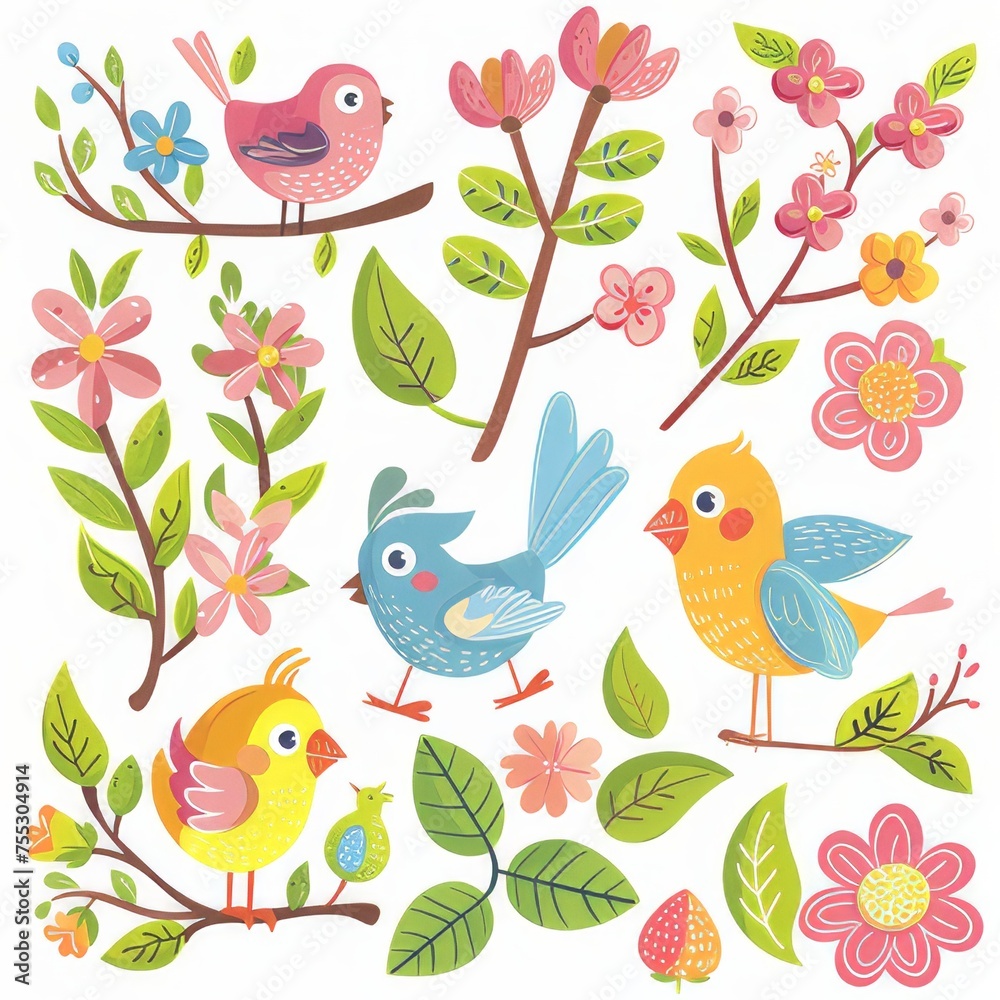 Fototapeta premium Illustration of clip art with various symbols. of the first day of spring on a white background