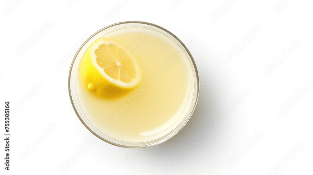 Tangy lemon drink with slices of fresh lemon and ice, presented elegantly on a clean white background for a zesty appeal.

