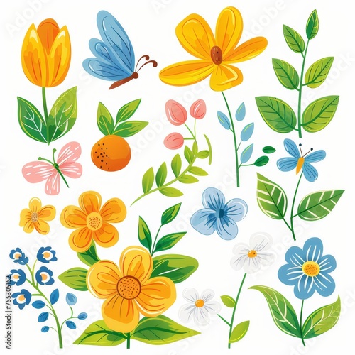 Illustration of clip art with various symbols. of the first day of spring on a white background