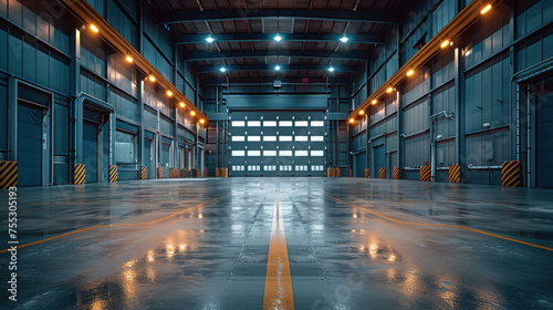 Empty of Hangar or industrial building. Protection with security door or roller shutter or overhead door. Interior design with concrete floor.