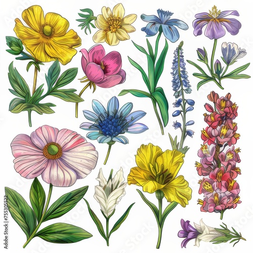A clipart illustration with various types of flowers on a white background.