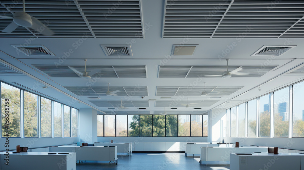 Interior modern building of Office ceiling in perspective with white texture of acoustic gypsum plasterboard, lighting fixtures or fluorescent panel light suspended on square grid structure. Interior modern building of Office ceiling in perspective with white texture of acoustic gypsum plasterboard, lighting fixtures or fluorescent panel light suspended on square grid structure.