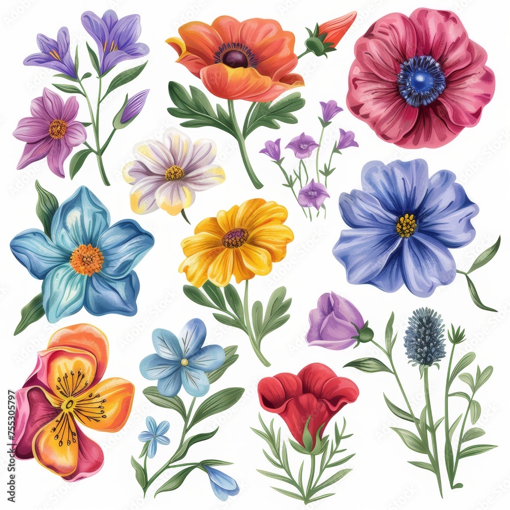 Obraz premium A clipart illustration with various types of flowers on a white background.