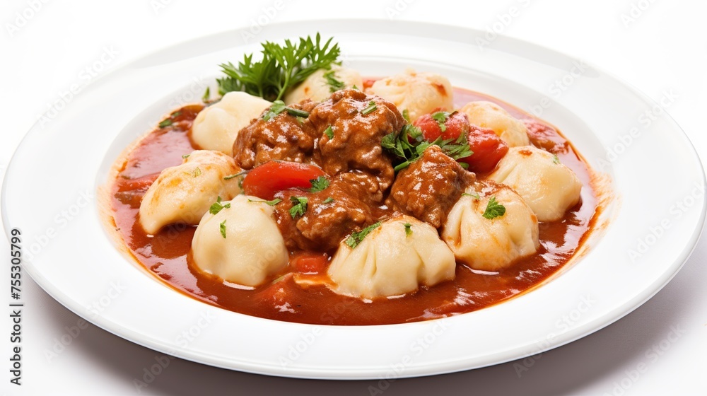 Traditional Hungarian goulash stew with dumplings, beautifully plated against a pristine white background.
Traditional Hungarian goulash stew with dumplings, beautifully plated against a pristine white background.