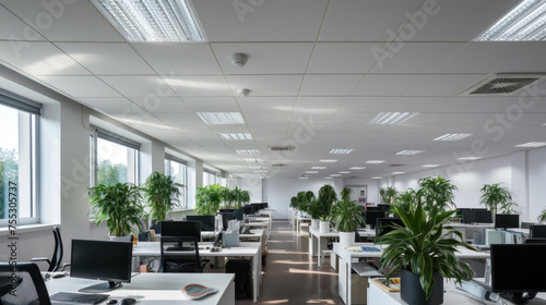 Interior modern building of Office ceiling in perspective with white texture of acoustic gypsum plasterboard, lighting fixtures or fluorescent panel light suspended on square grid structure. photo