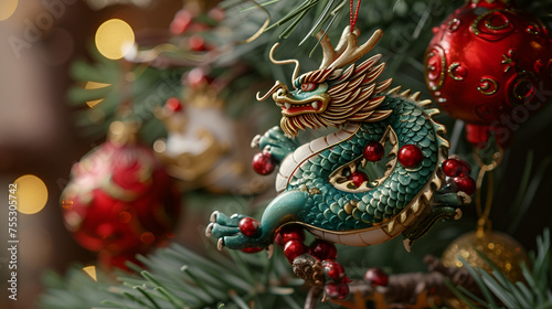 Resin Dragon Epoxy dragon ornament, symbolizing the upcoming 2025 Chinese Year of the Dragon in green pine tree. generative ai