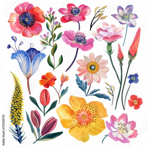 A clipart illustration with various types of flowers on a white background. © wpw