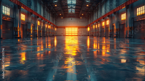 Roller door or roller shutter using for factory, warehouse or hangar. Industrial building interior consist of polished concrete floor and closed door.