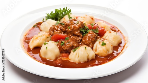 Traditional Hungarian goulash stew with dumplings, beautifully plated against a pristine white background. 