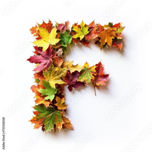 Alphabet of Nature: Letter F Composed of Fresh Multicolored Autumn Leaves on White Background