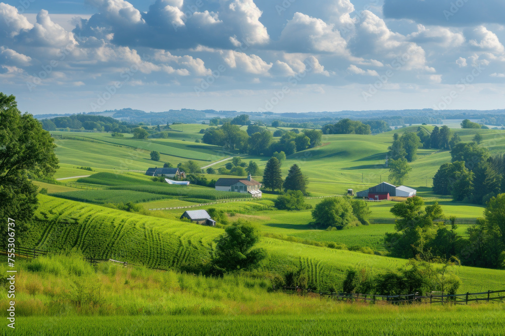 Idyllic Rural Landscape with Lush Green Fields and Farmhouses under a Cloudy Sky